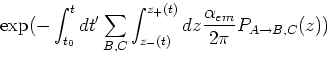 $\displaystyle \exp({{-\int_{t_0}^{t}dt'\sum_{B,C} \int_{z_-(t)}^{z_+(t)}dz
\frac{\alpha_{em}}{2\pi} P_{A \rightarrow B,C}(z)}})$