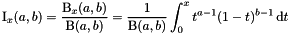 \[ {\rm I}_x(a,b) = \frac{{\rm B}_x(a,b)}{{\rm B}(a,b)} = \frac{1}{{\rm B}(a,b)}\int_0^xt^{a-1}(1-t)^{b-1}\,{\rm d}t \]